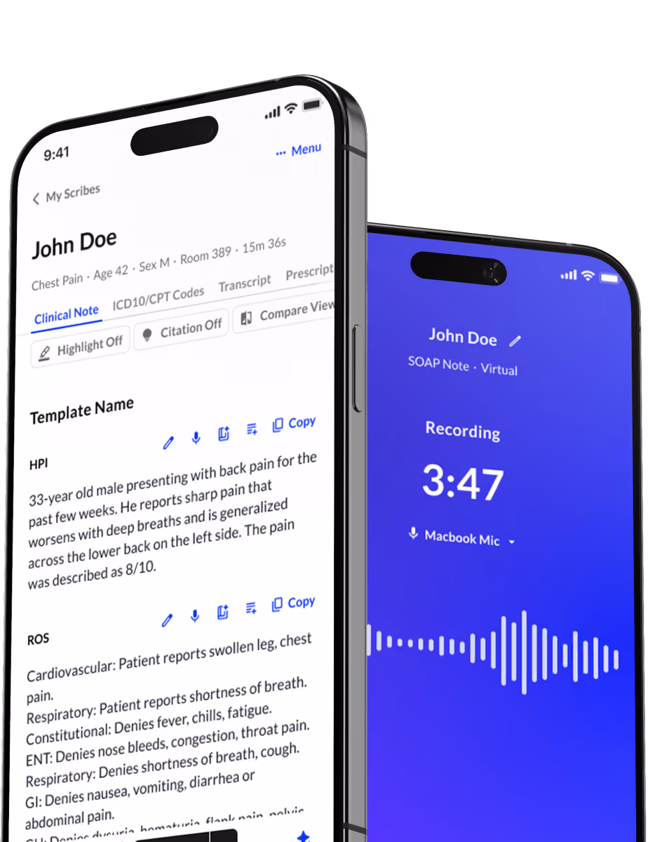 Two phone screens showing a medical note app and audio recording interface.