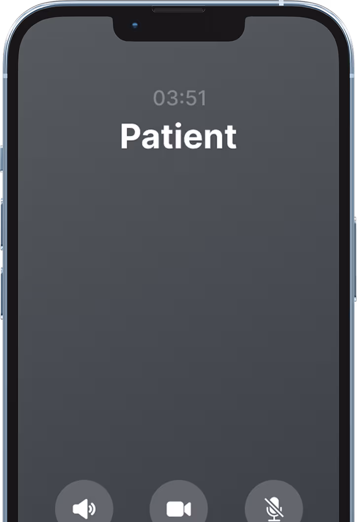 Mobile call screen showing a patient in a call.