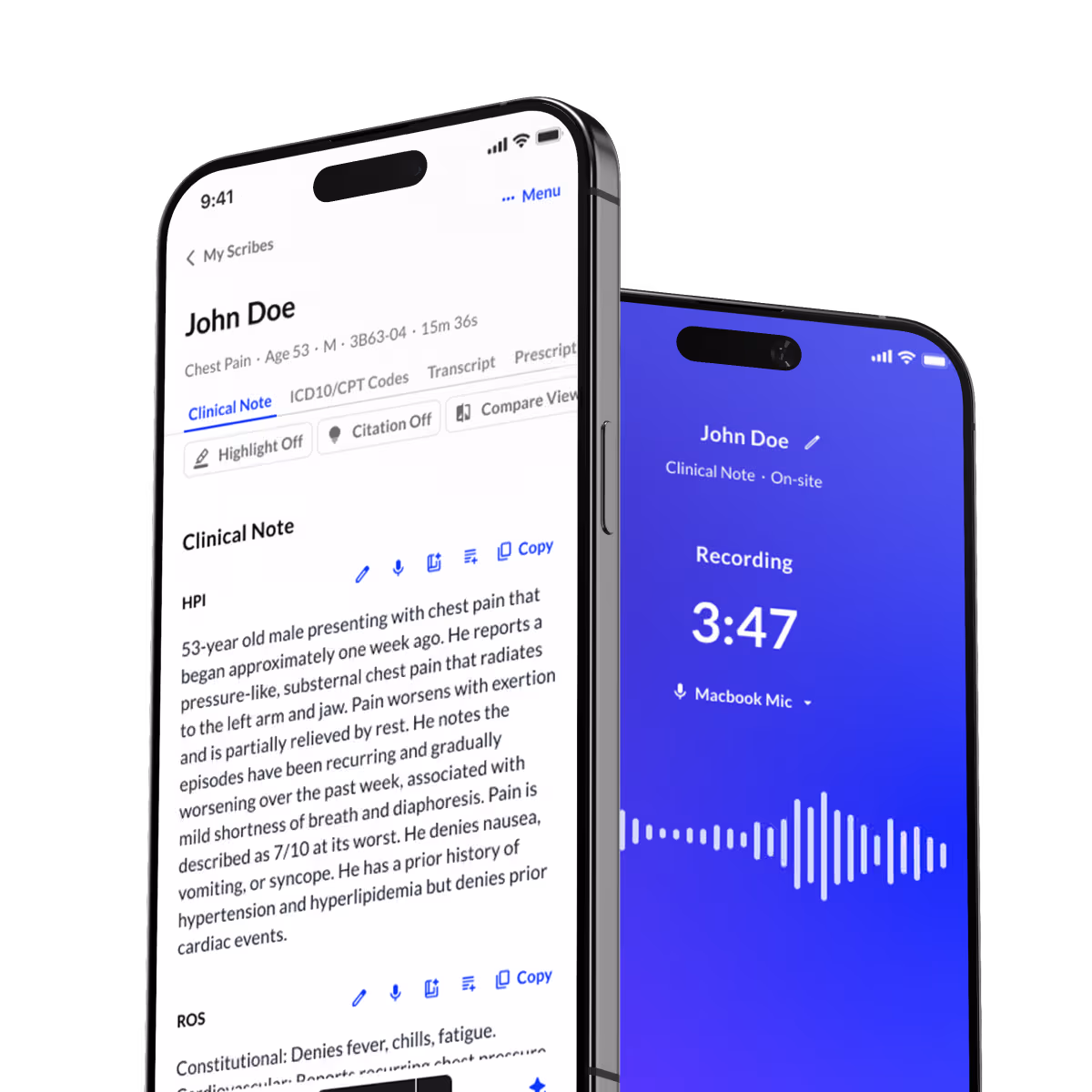 Two phone screens showing a medical note app and audio recording interface.