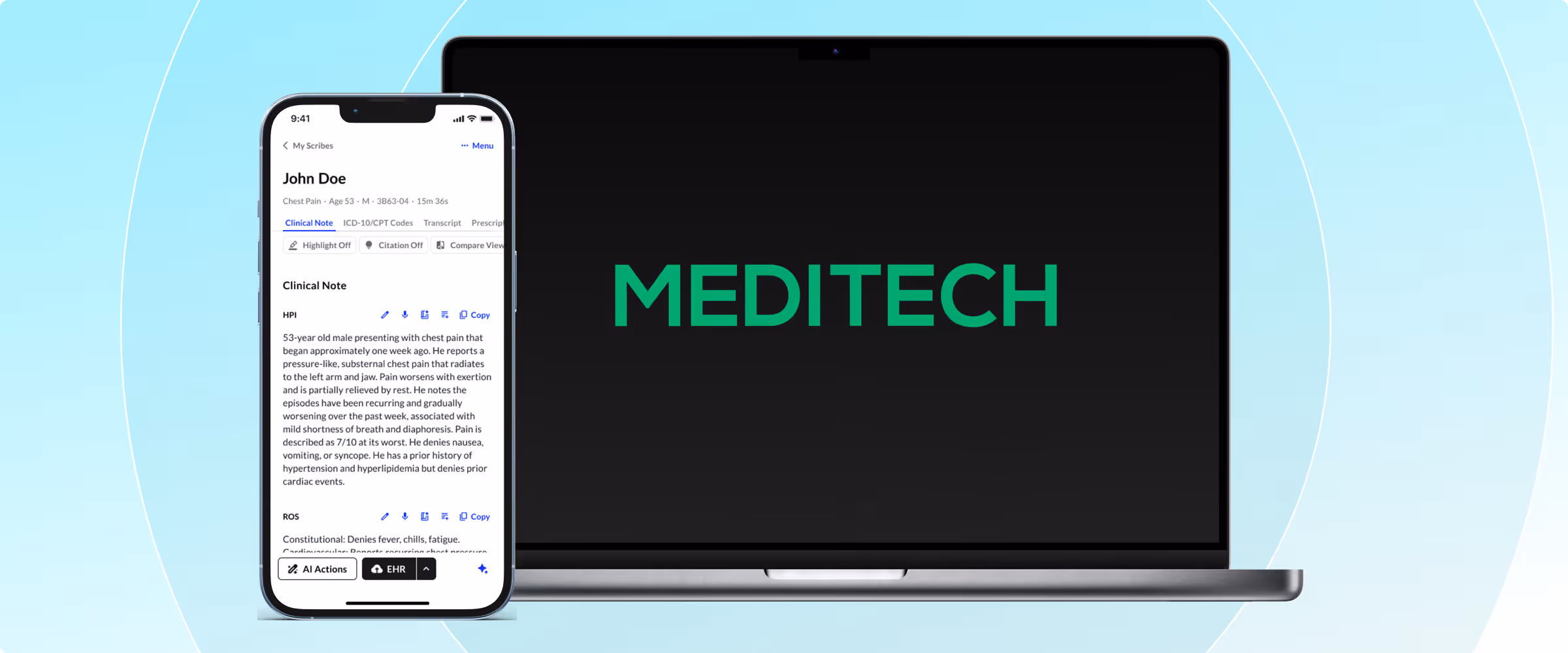 Smartphone showing a clinical note app next to a laptop displaying the MEDITECH logo
