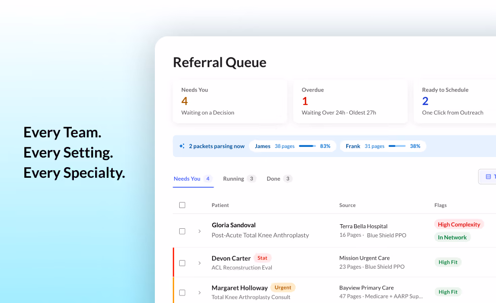 Referral queue dashboard with patient list and status overview.