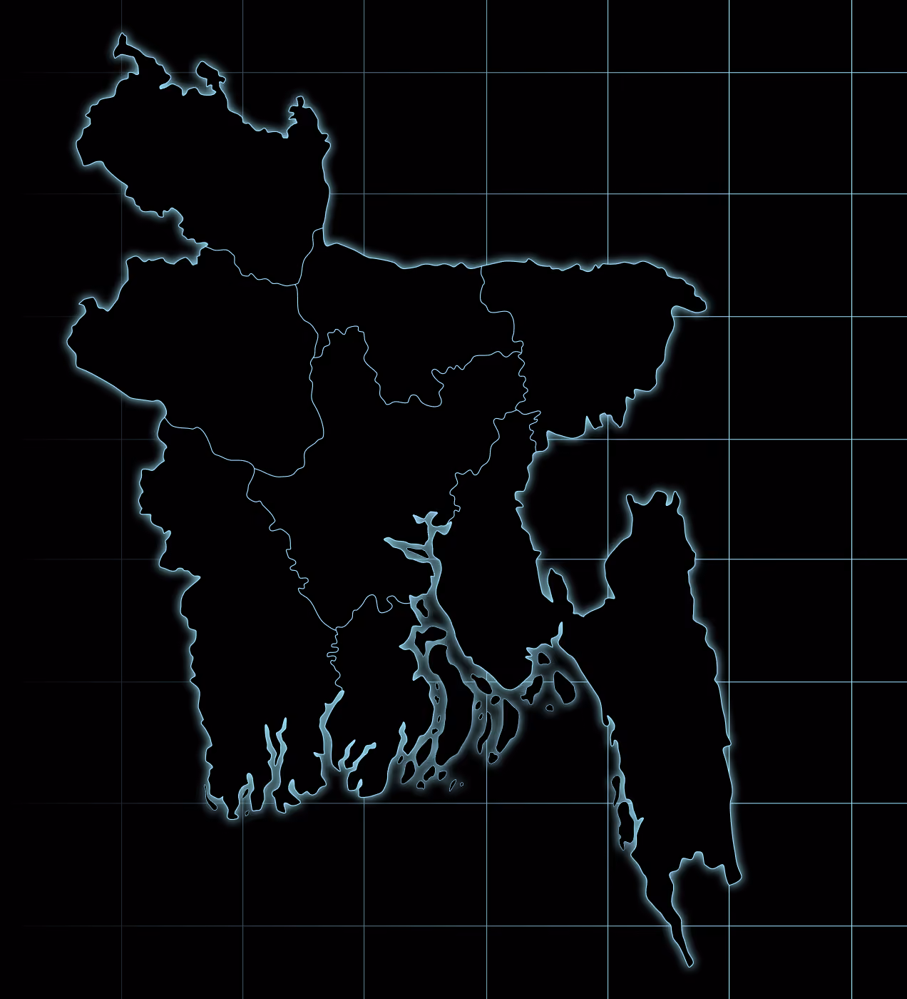 Stylized illustration of Bangladesh map in neon outline shape with grid neon background