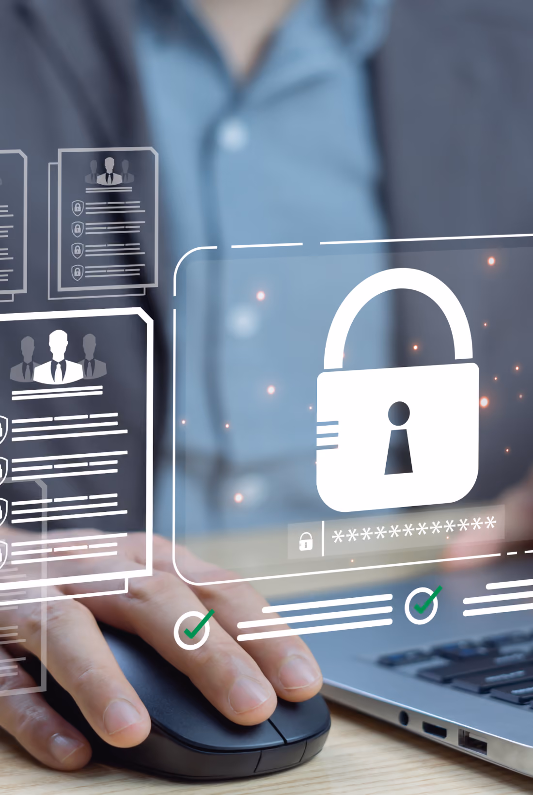 Person using a laptop with digital security and privacy icons displayed.
