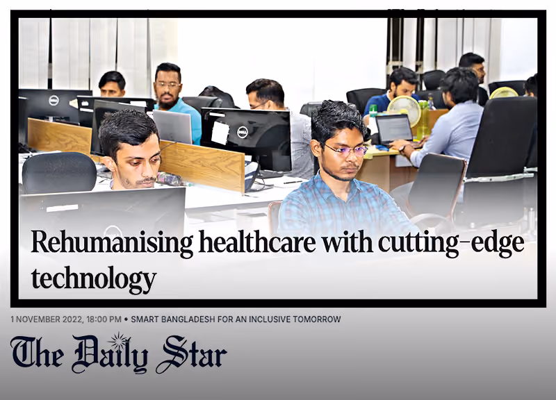 Newspaper-style image with photo of people working on computers and the headline “Rehumanising healthcare with cutting-edge technology.”