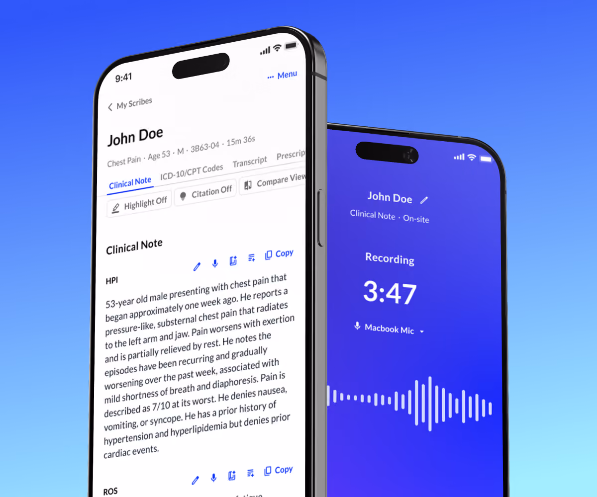 Two mobile screens showing AI medical scribe recording and an automatically generated clinical note.