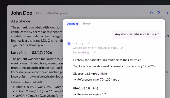 AI assistant displaying abnormal lab results from the patient's latest visit, including high glucose and HbA1c levels.