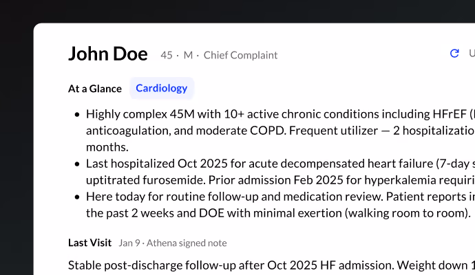 Patient summary with cardiology highlights, recent visit details, and chronic condition overview.