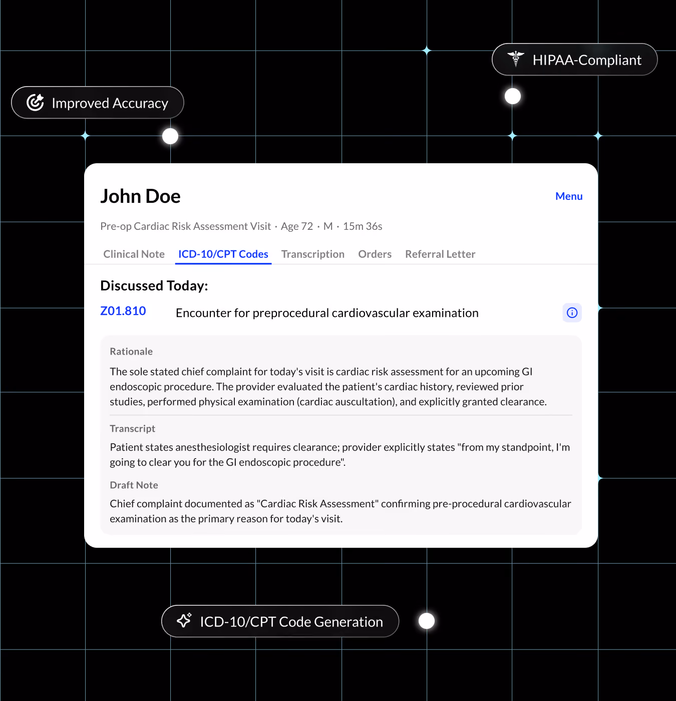 AI-generated ICD-10/CPT codes with clinical rationale