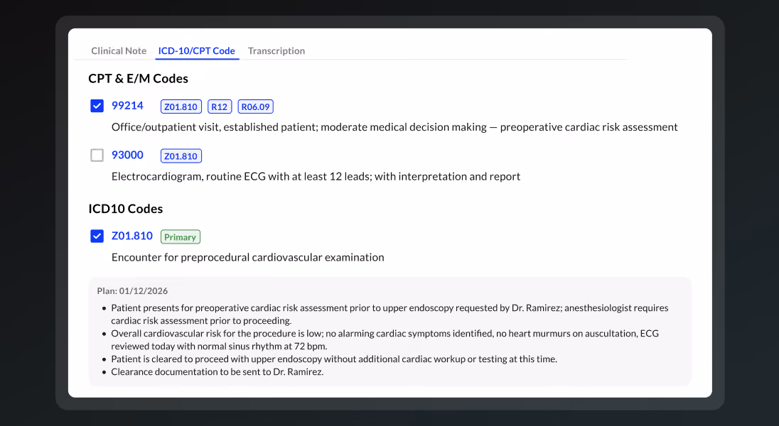 AI-generated ICD-10 and CPT codes for a clinical visit