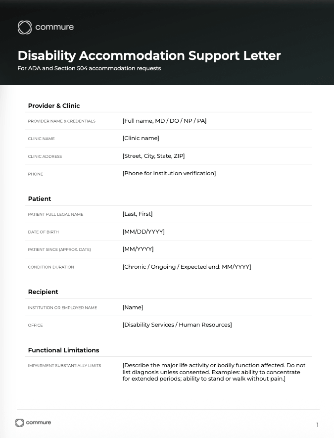 disability accommodattion support letter tempalte