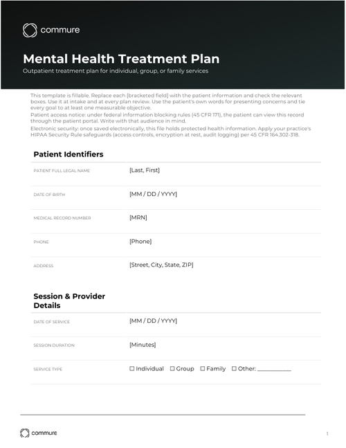 mental health treatment plan template