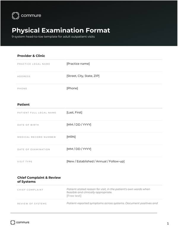 physical examination format template