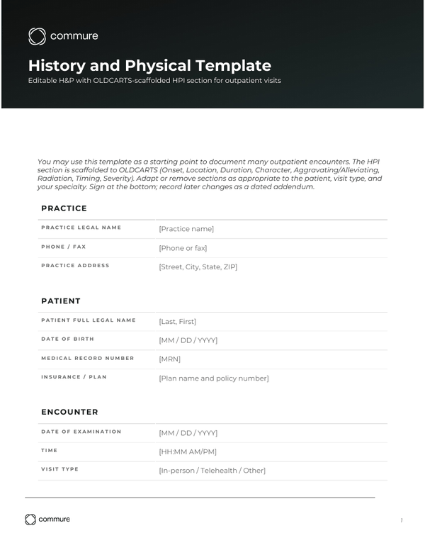 history of present illness template
