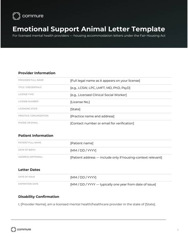 emotional support animal letter template
