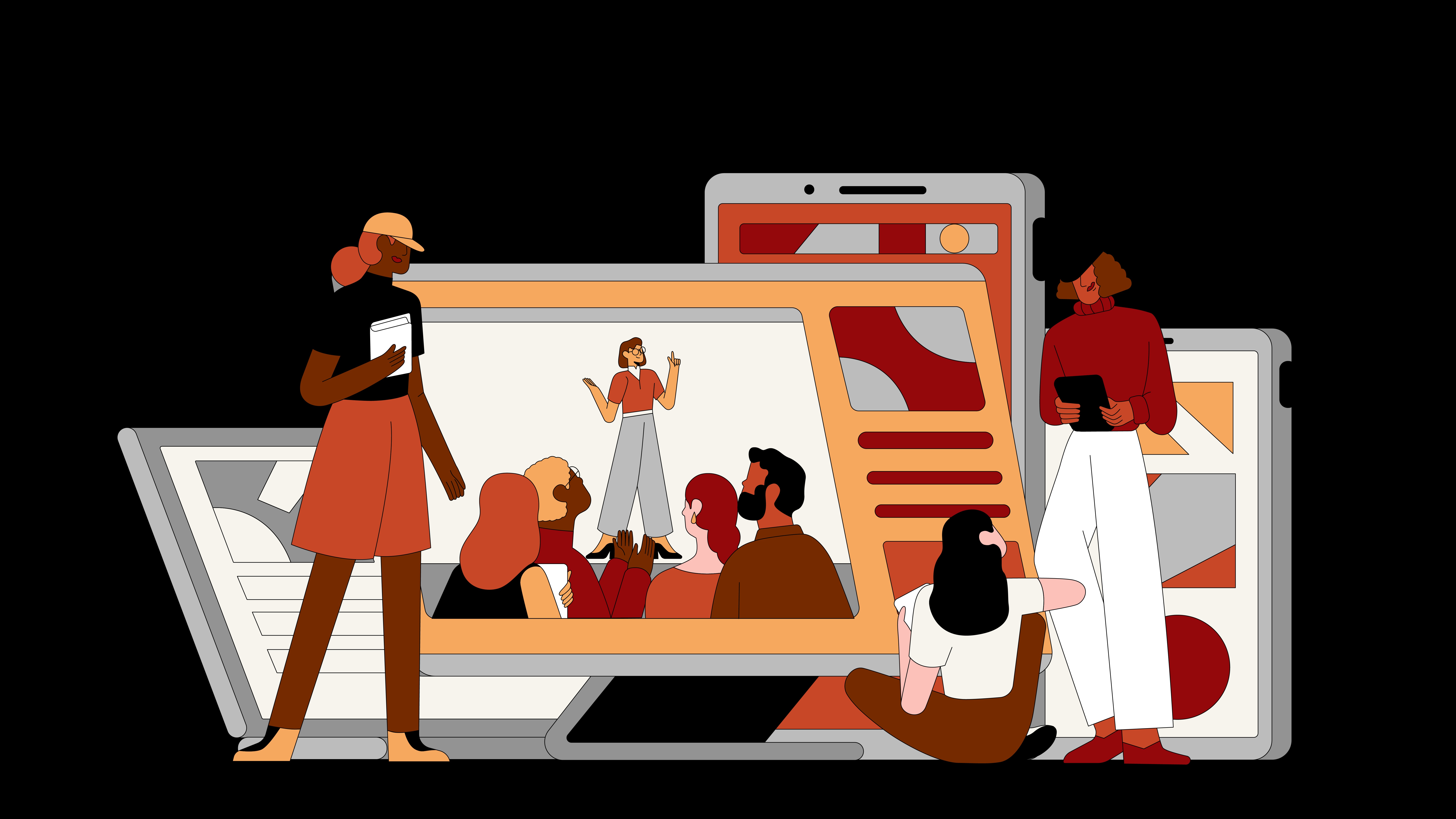 Illustrated community of diverse people learning and connecting