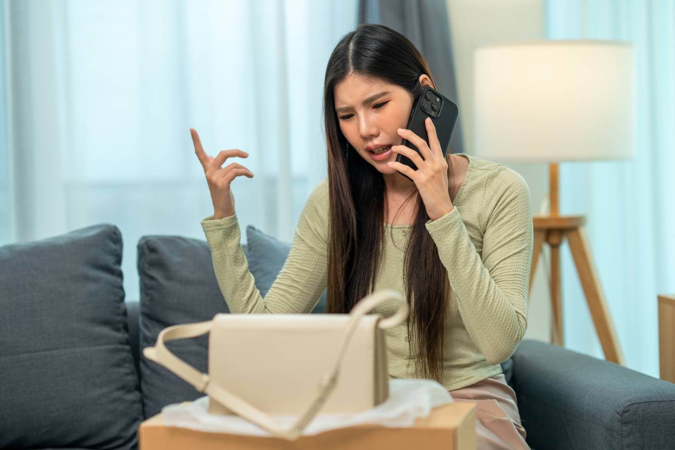 upset woman talking on the phone about her recent handbag purchase online
