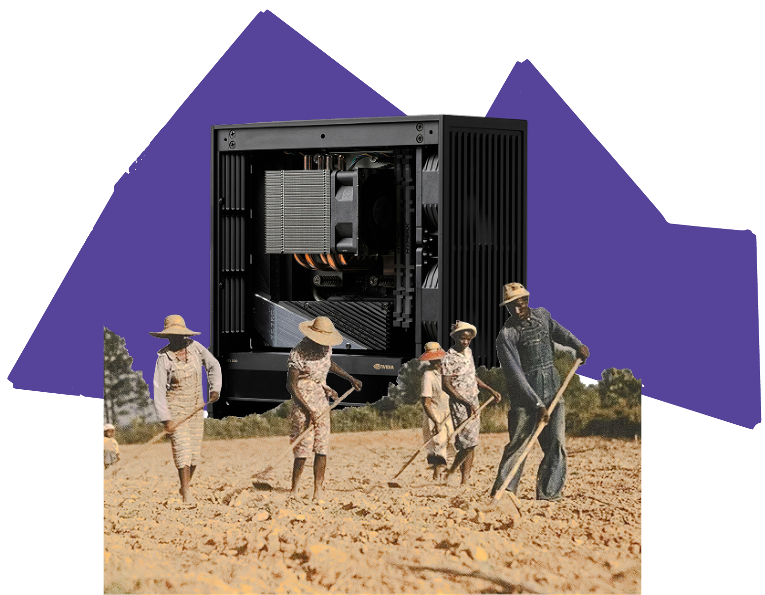 A vintage photograph cutout of Black farm workers tilling the land placed over a cutout of a PC case signifying the connection to the digital land grab. These photographic cutouts are both placed over a purple rigid geometric shape.
