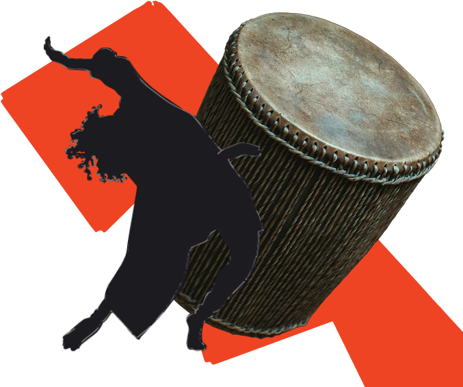 A black silhouette graphic of a person with curly hair doing interpretive dance. This graphic is placed over a photograph cutout of an African drum, both laid over an orange geometric shaped graphic.