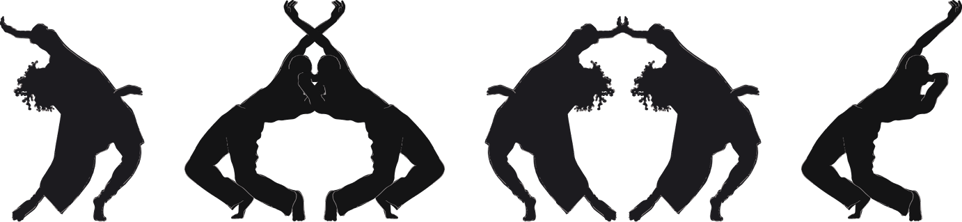 A line of six black silhouette graphics of six people doing interpretive dance, allowing the dance speak its own language