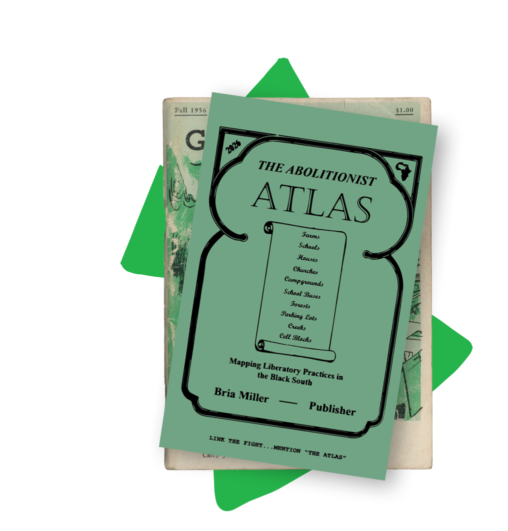 A photograph cutout of the book “The Abolitionist Atlas – Mapping Liberatory Practices in the Black South” placed over a green rigid geometric shaped graphic