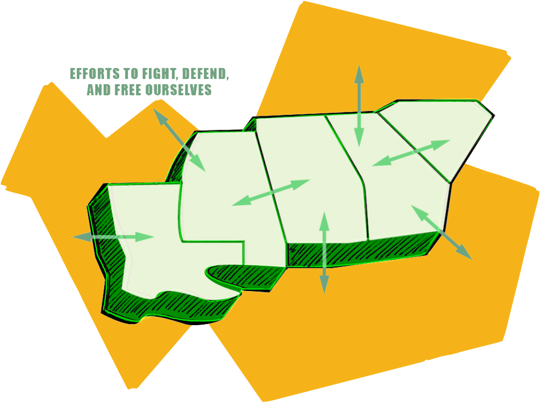 An illustrated cutout map of the southern states apart of the Subjugated National Territory , with arrows pointing to the words “efforts to fight, defend, and free ourselves”, placed behind a yellow geometric shaped graphic.