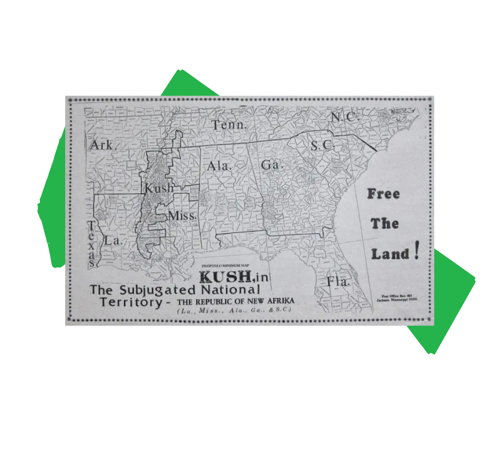 A photograph cutout of a vintage map of The Subjugated National Territory - the republic of the new Afrika, with the words “Free the Land” written on it. Placed behind a green geometric shaped graphic.