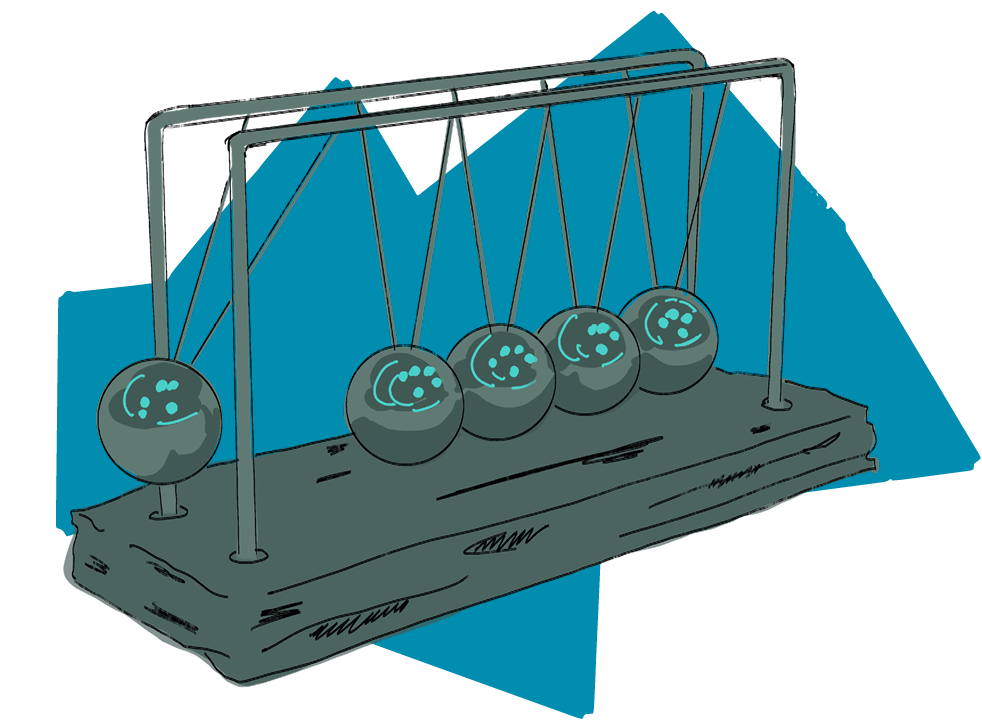 An illustration of a swinging pendulum, placed over blue rigid geometric shaped graphic