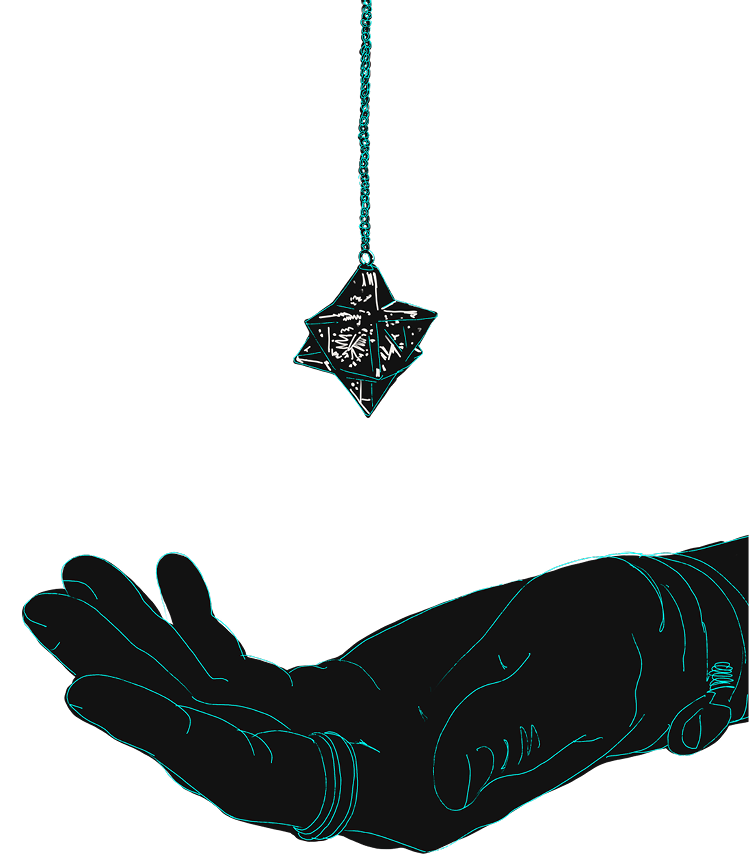 An illustration of a hand open, ready to receive the crystal necklace above symbolizing the unlocking of power to liberation