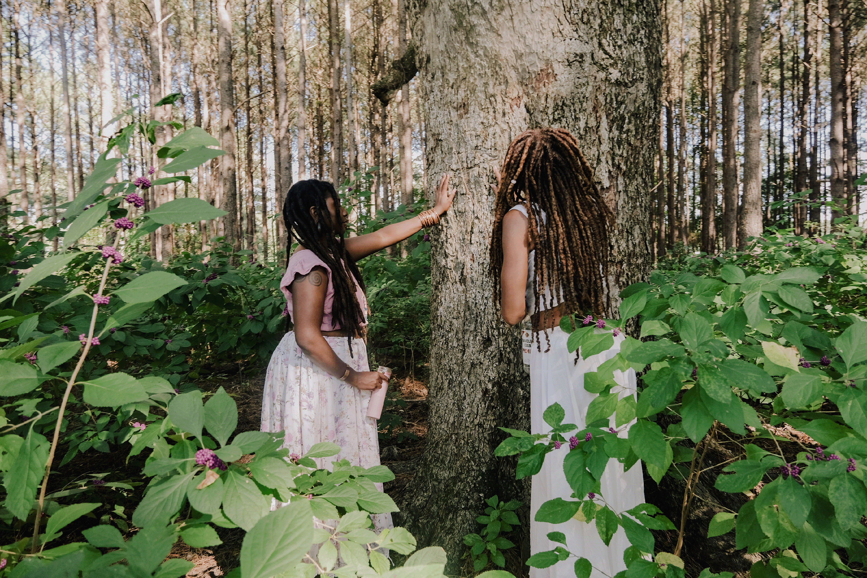 Two Black hoodoo women standing in front of a tall tree, placing their hands on it spiritually connect with earth, surrounded by a greenery wooded area.