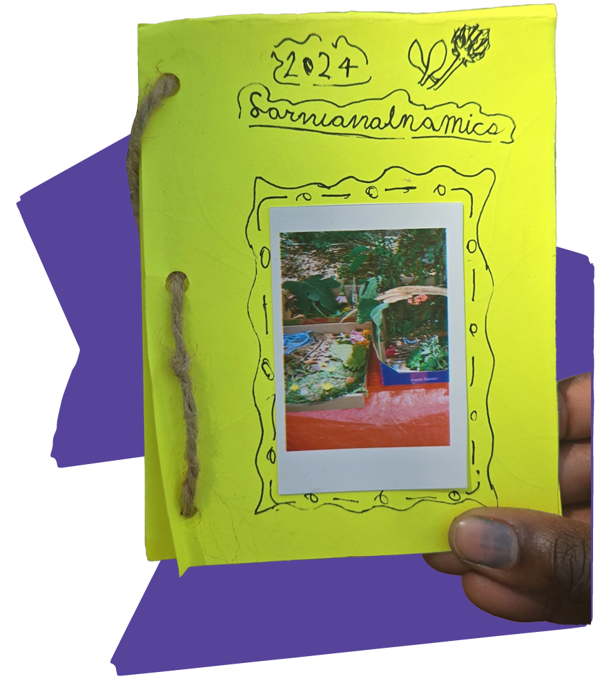 A photograph cutout of a handmade bound zine, with the words ”Survialnomics 2024” written in cursive, placed over a purple rigid geometric shaped graphic