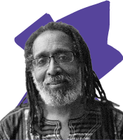 a black and white photograph cutout of Baba Malik placed over a purple rigid geometric shape.