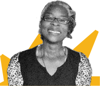 a black and white photograph cutout of Asantewaa Harris placed over a yellow rigid geometric shape.