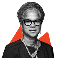 a black and white photograph cutout of Mama Savi placed over a red rigid geometric shape.