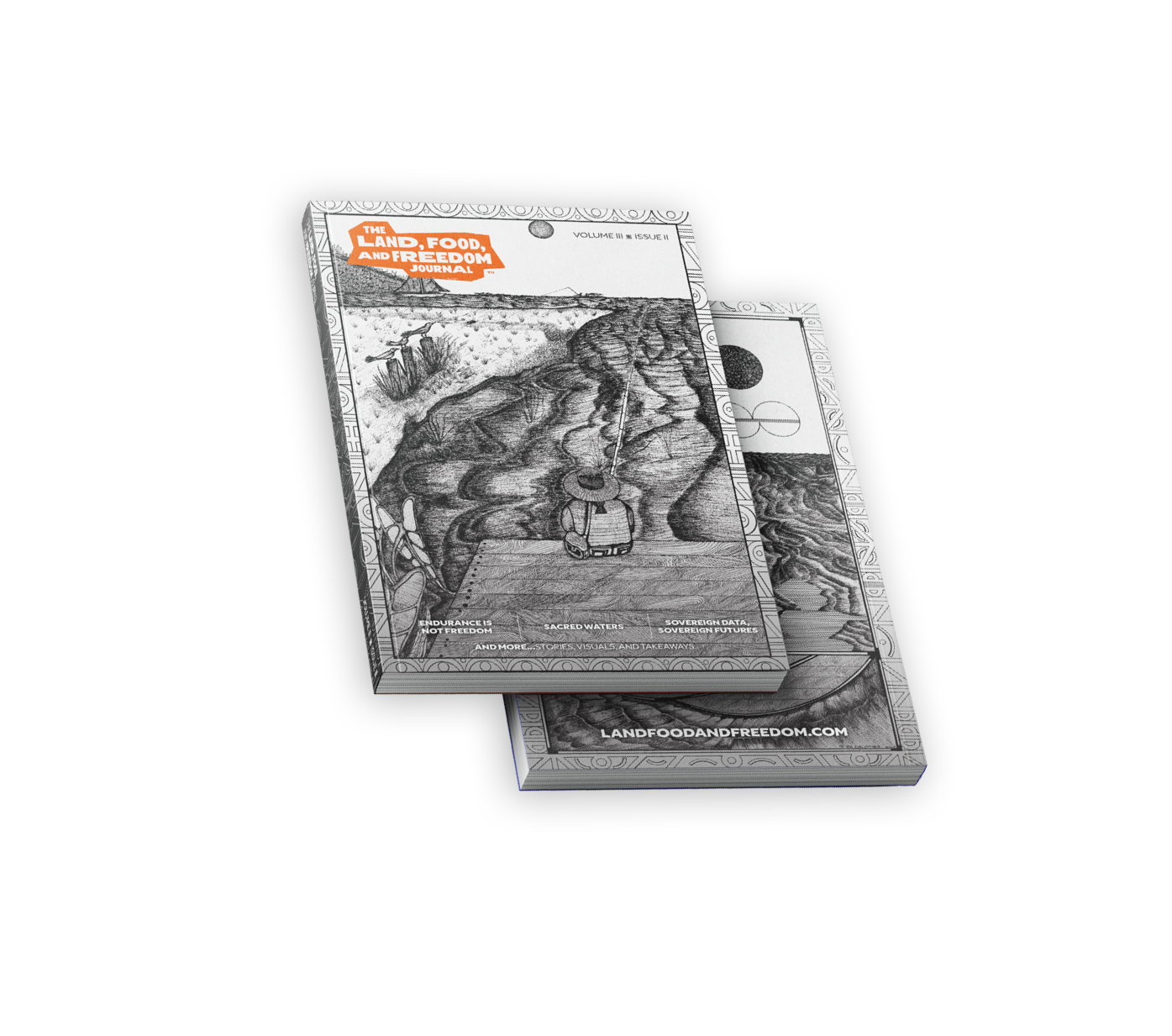 A 3D product visual of the Volume 3, Issue 2 bound book. The cover displays a hand drawn illustration of a fisher sitting at the edge of a wooden boardwalk with his net cast out to the open wading the water that kisses the edge of the beachy grassland.