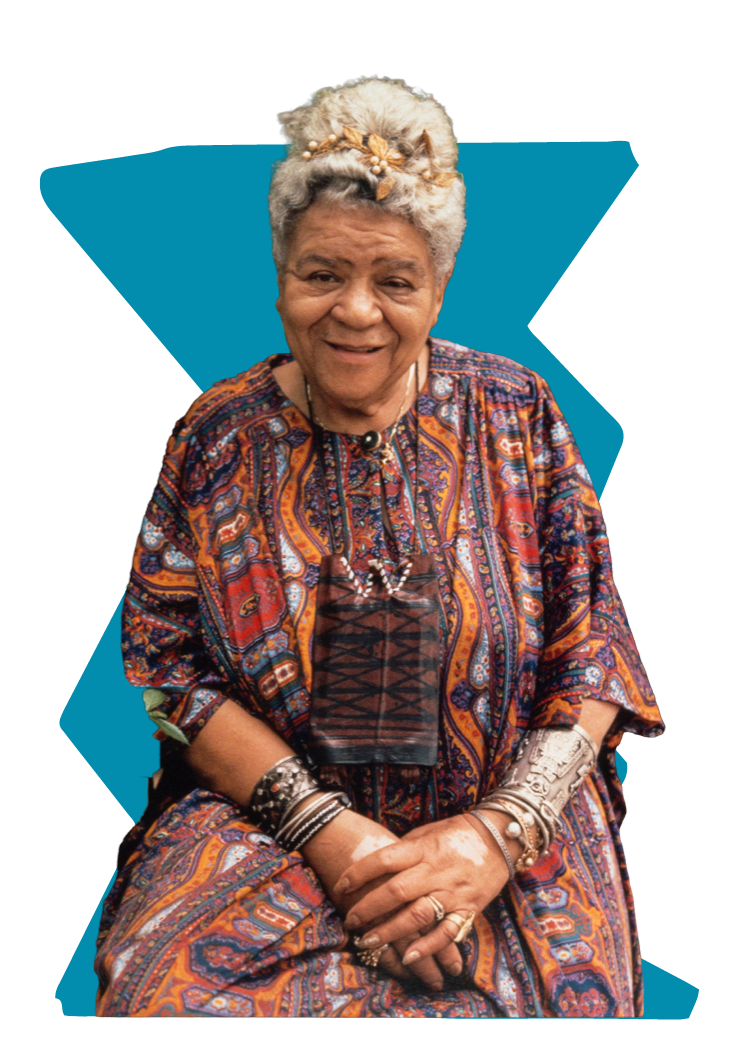 A photograph cutout of Queen Mother Moore, a civil rights activist, who the Market was named after, placed over a blue rigid geometric shaped graphic