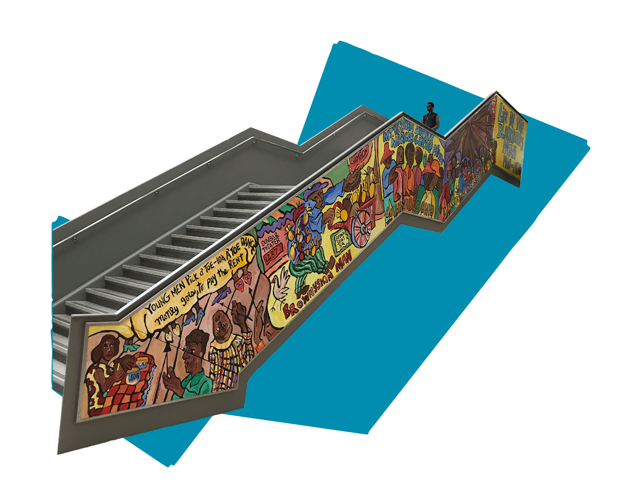 A photograph cutout of a gray staircase, on the wall of the stairs is a handpainted mural depicting cartoon style Black people exchanging goods and shopping at an outside food market