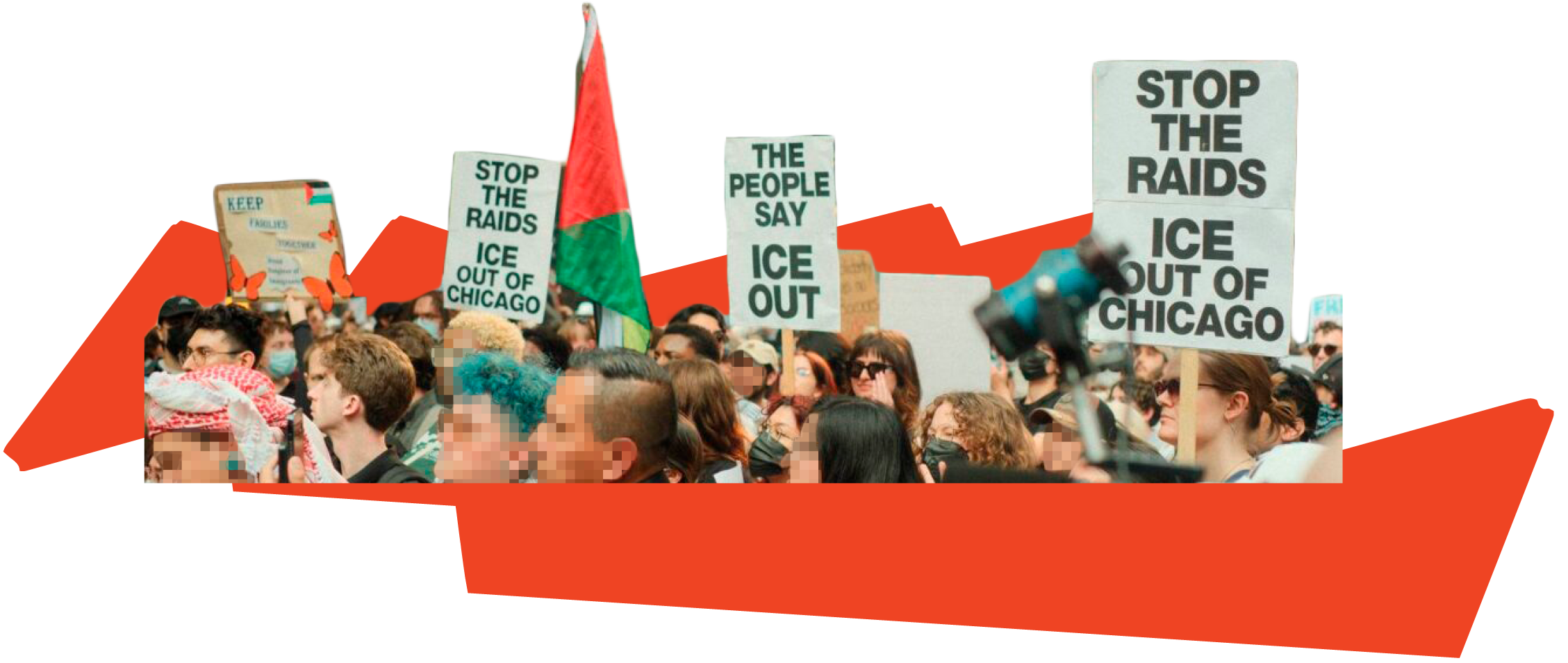 A photograph cutout of protest rally in Chicago, with various folks holding up signs that, “Stop the Raids, ICE out of Chicago”, placed over an orange geometric shape graphic
