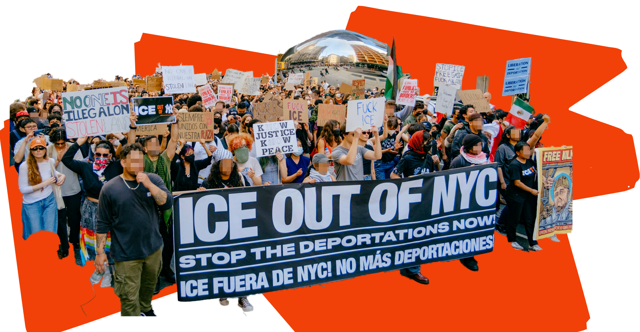A photograph cutout of protest rally in NYC, with various folks holding a large black sign that says, “ICE out of NYC, Stop the deportations now!, ICE fuera de NYC! No mas deportaciones”, placed over an orange geometric shape graphic