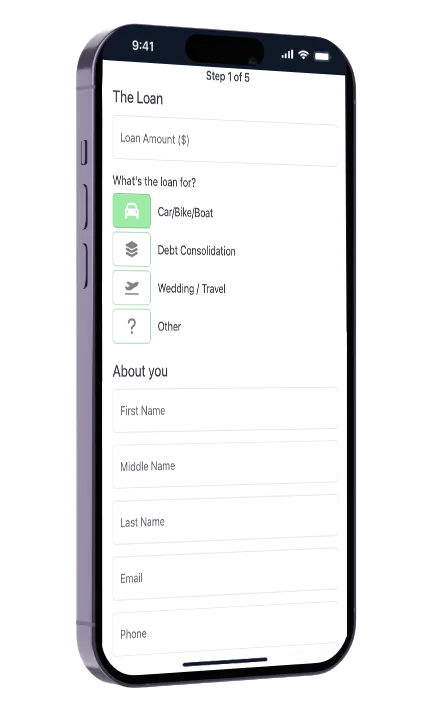Loan Application form shown on iphone screen