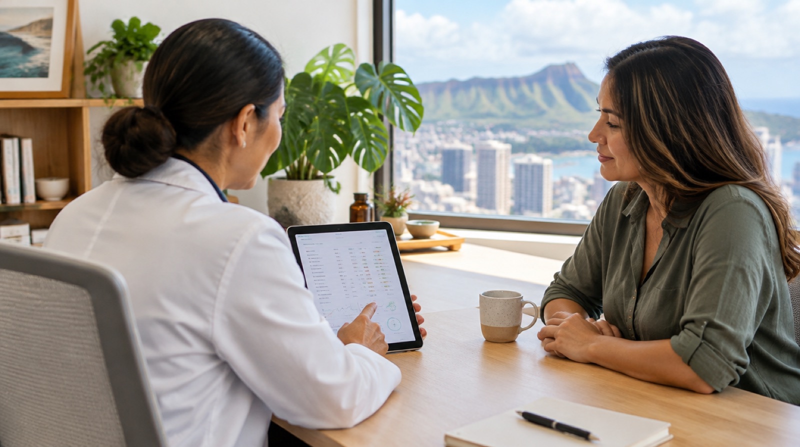 Naturopathic doctor reviewing lab results with a patient in a Honolulu office overlooking Diamond Head