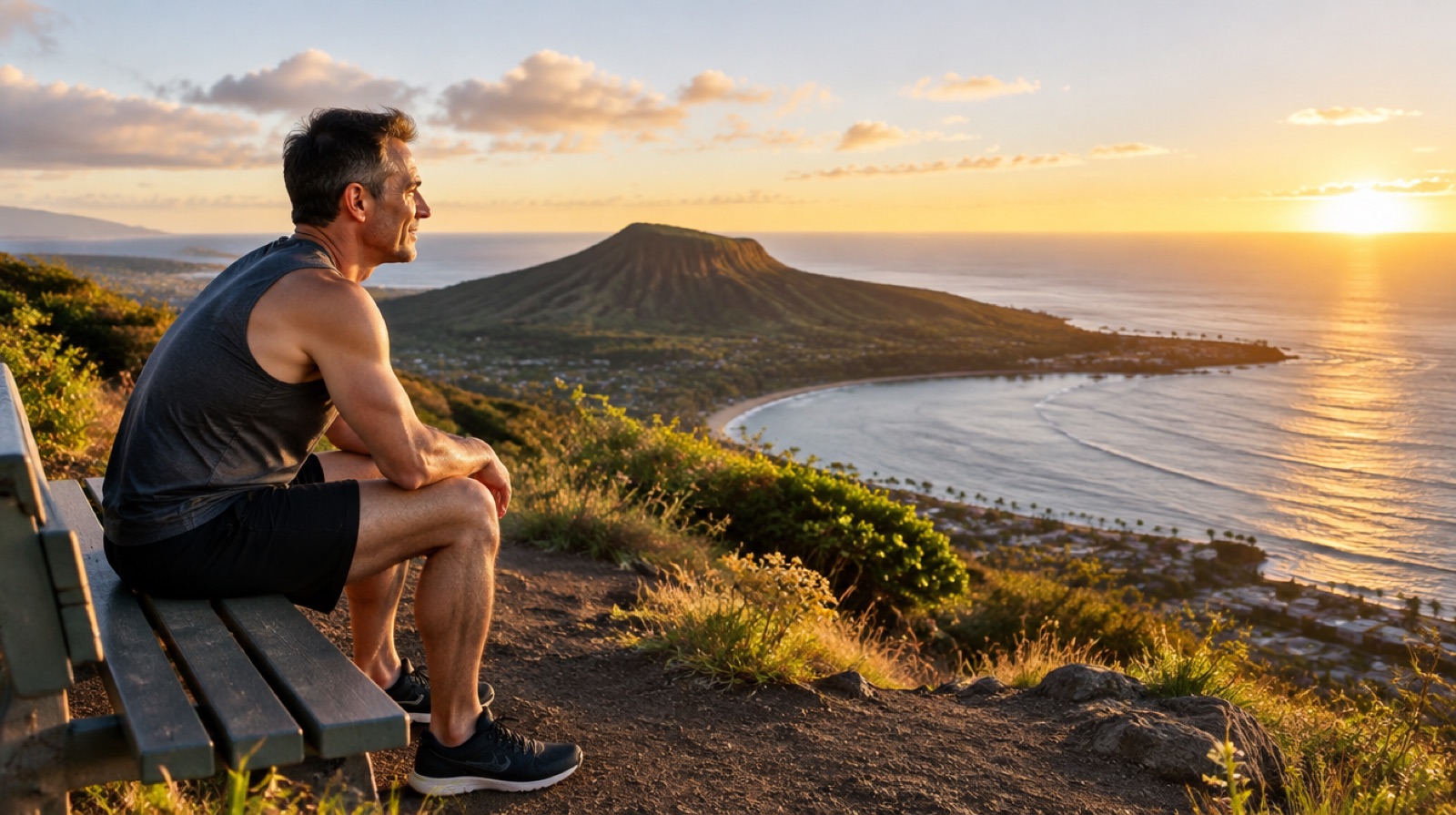 Man in his late 40s resting on a bench at a Koko Head lookout on Oahu at sunrise
