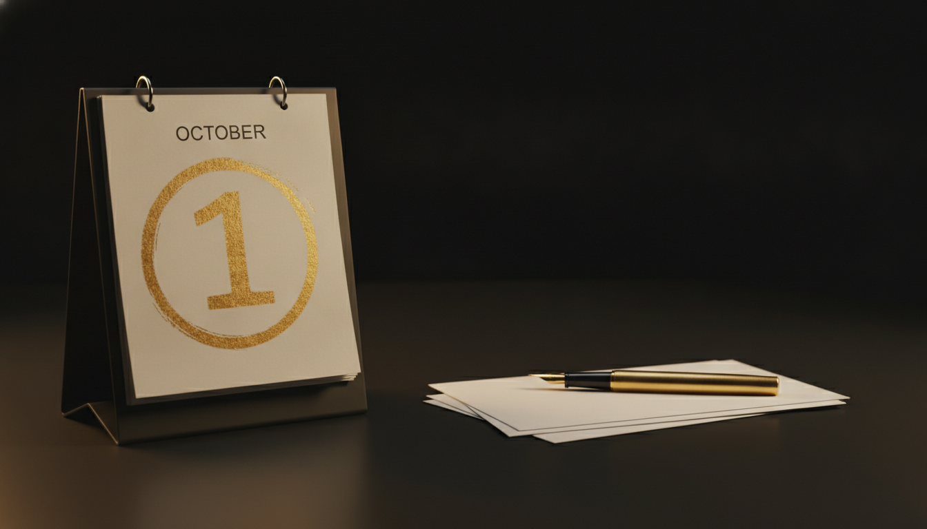 Desk calendar showing October 1 circled in gold, beside a stack of payslip envelopes and a gold pen on a black desk