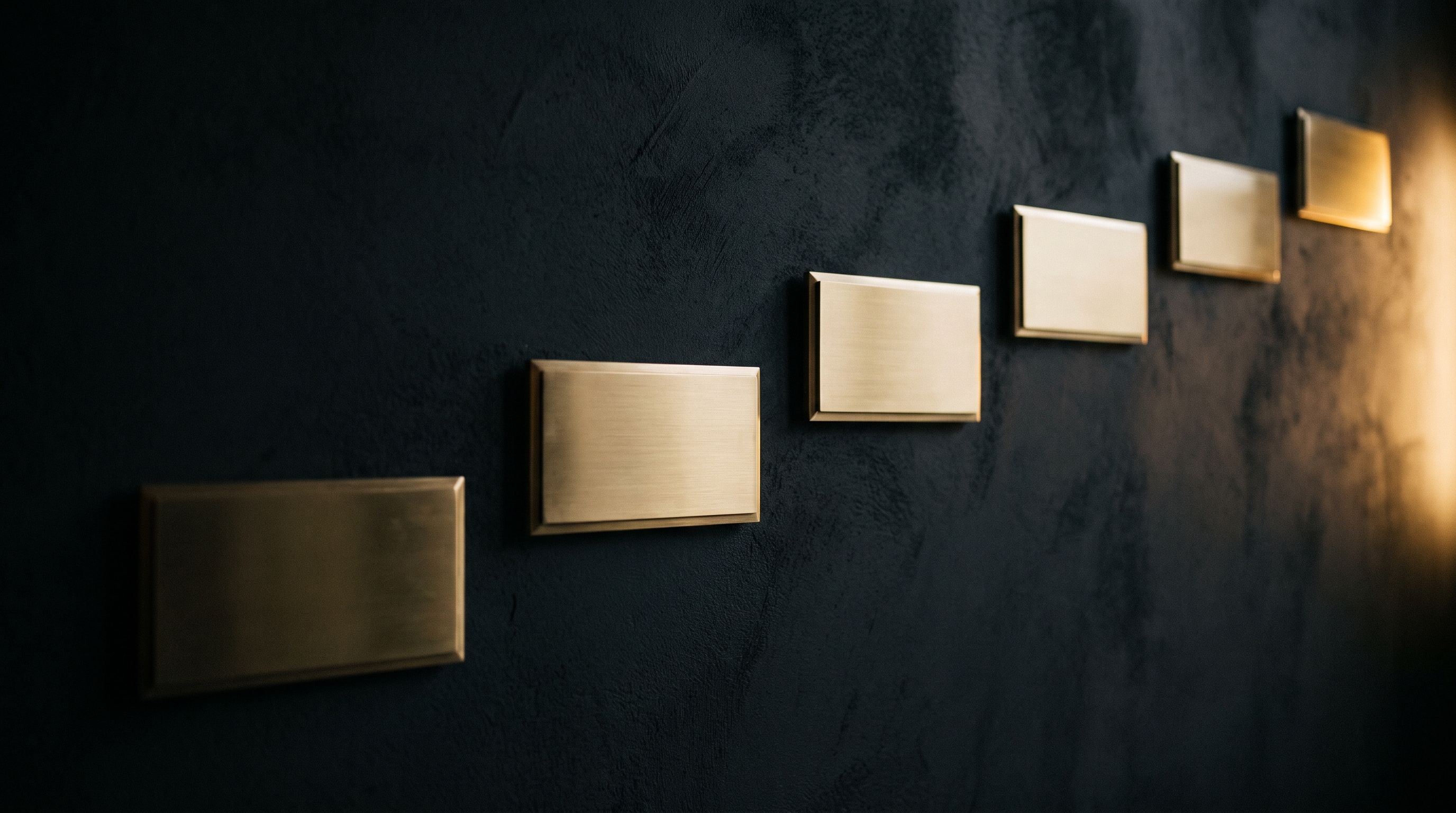 A row of blank brass plaques mounted at rising heights on a dark wall