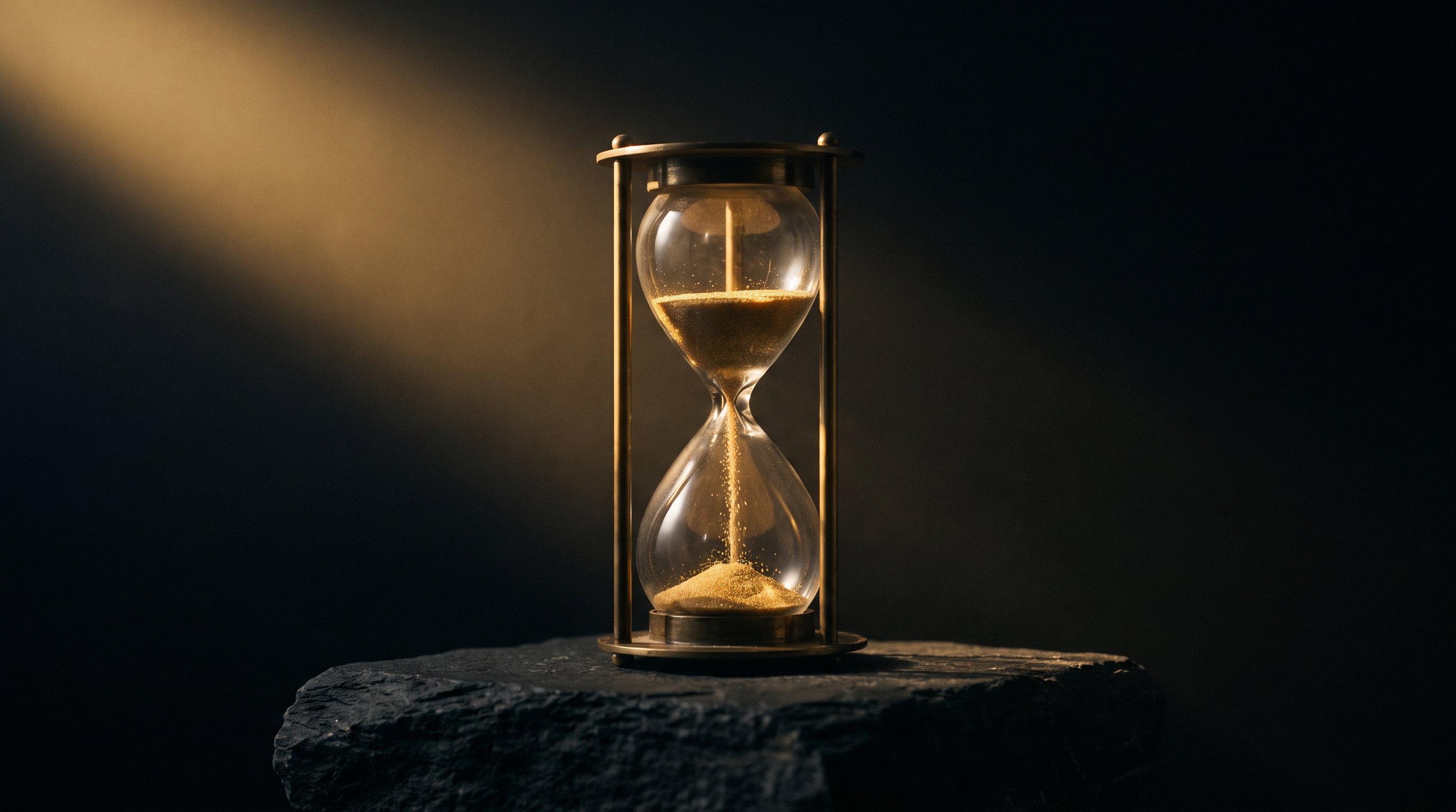 An hourglass with gold sand falling, lit from one side on dark stone