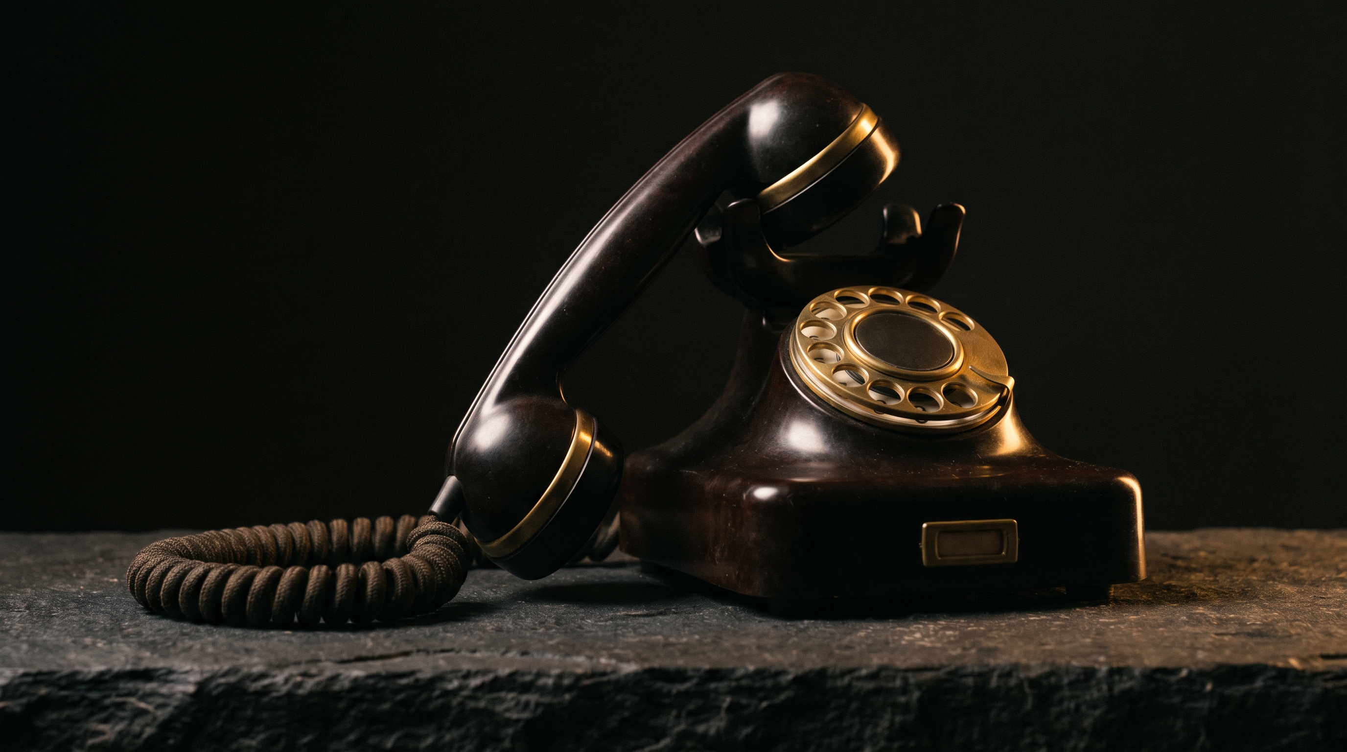 A vintage desk telephone with its handset lifted, on a dark stone surface