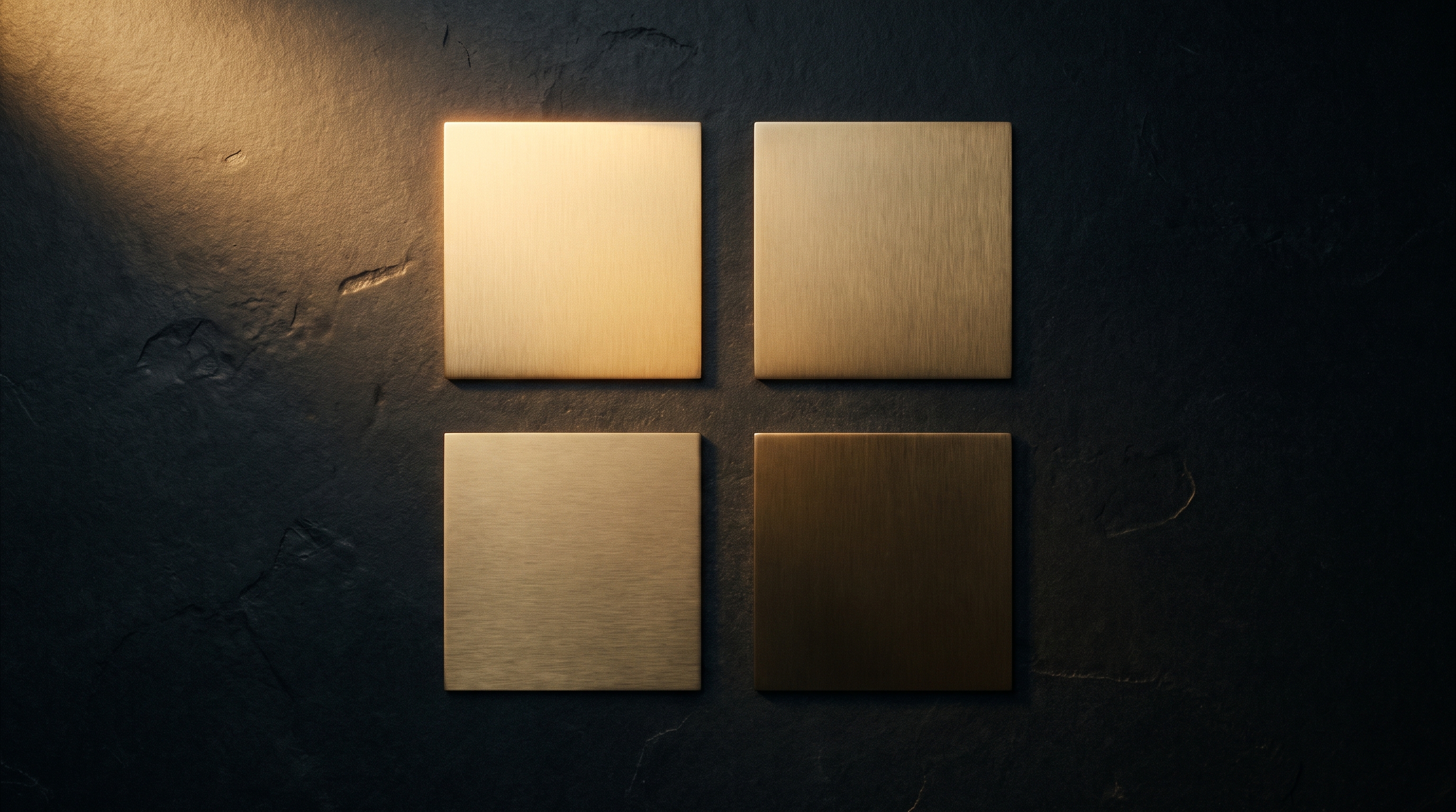 Four brass squares in a two-by-two grid on dark stone, one catching the light