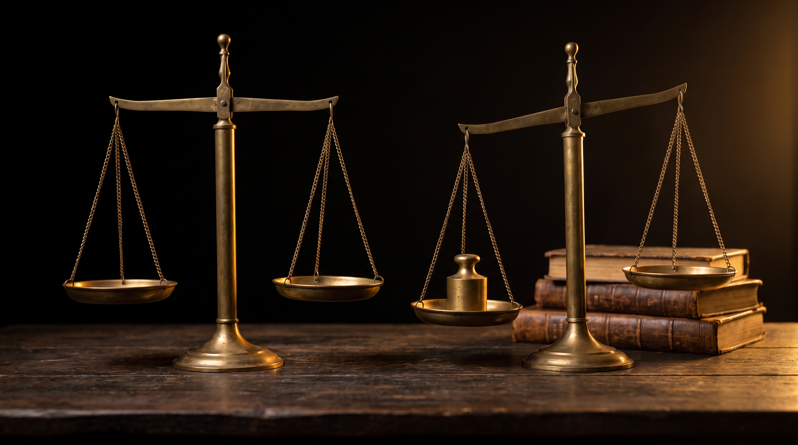 Two brass balance scales on a dark desk — one sitting level, one tipped down on one side