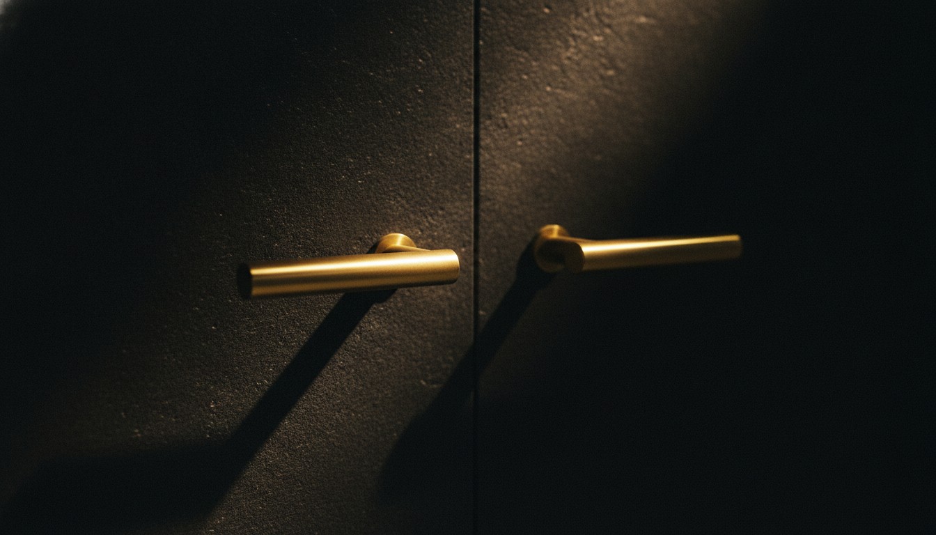 Two identical brass door handles side by side on a dark stone wall; one polished and catching a warm light, the other dull in shadow.