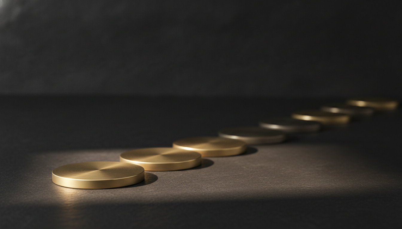 Three polished brass discs catching warm light on dark stone, with a long row of dull discs receding into shadow behind them.