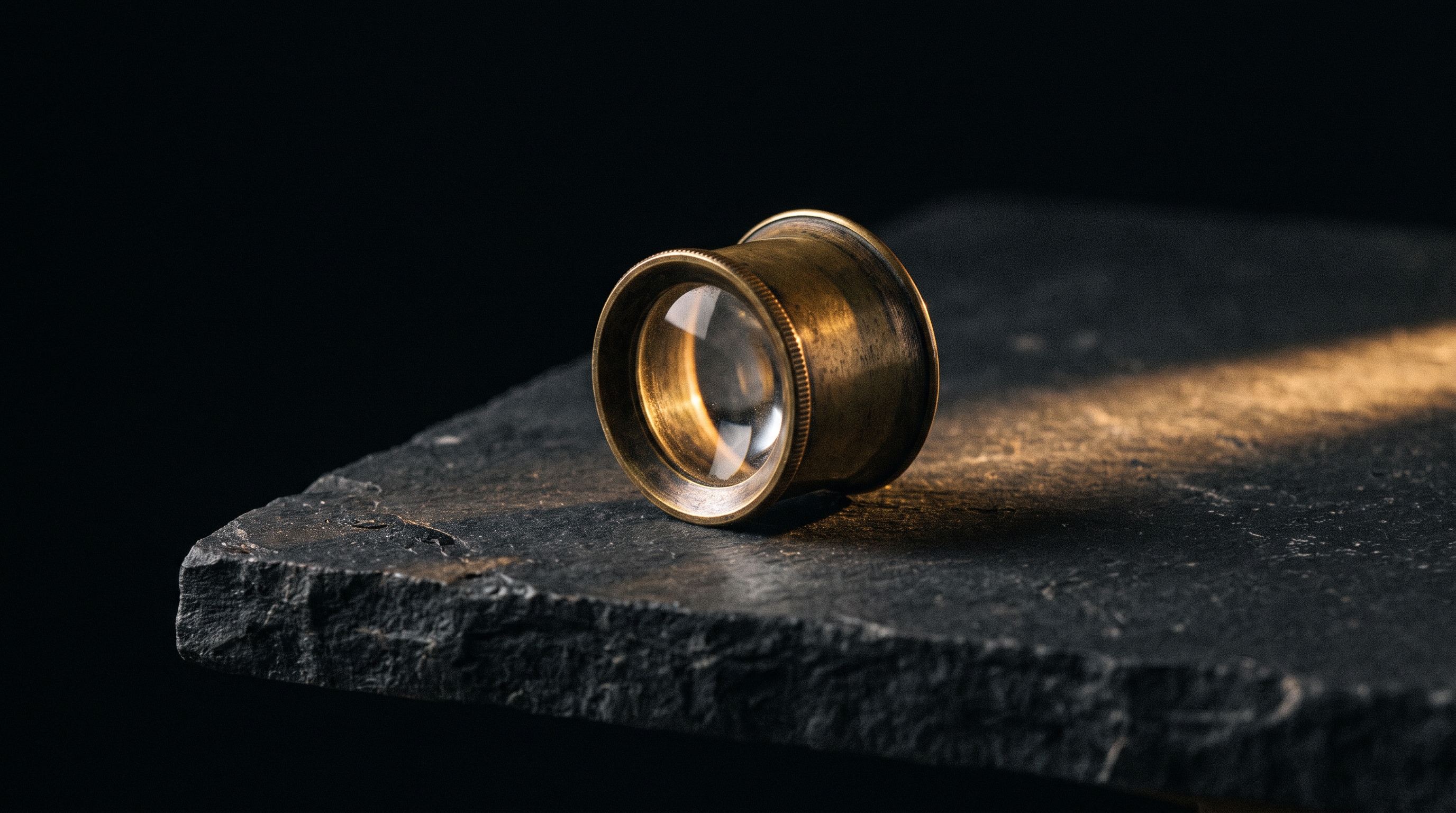 A brass jeweller's loupe resting on the edge of a dark stone slab, lit by a single warm light